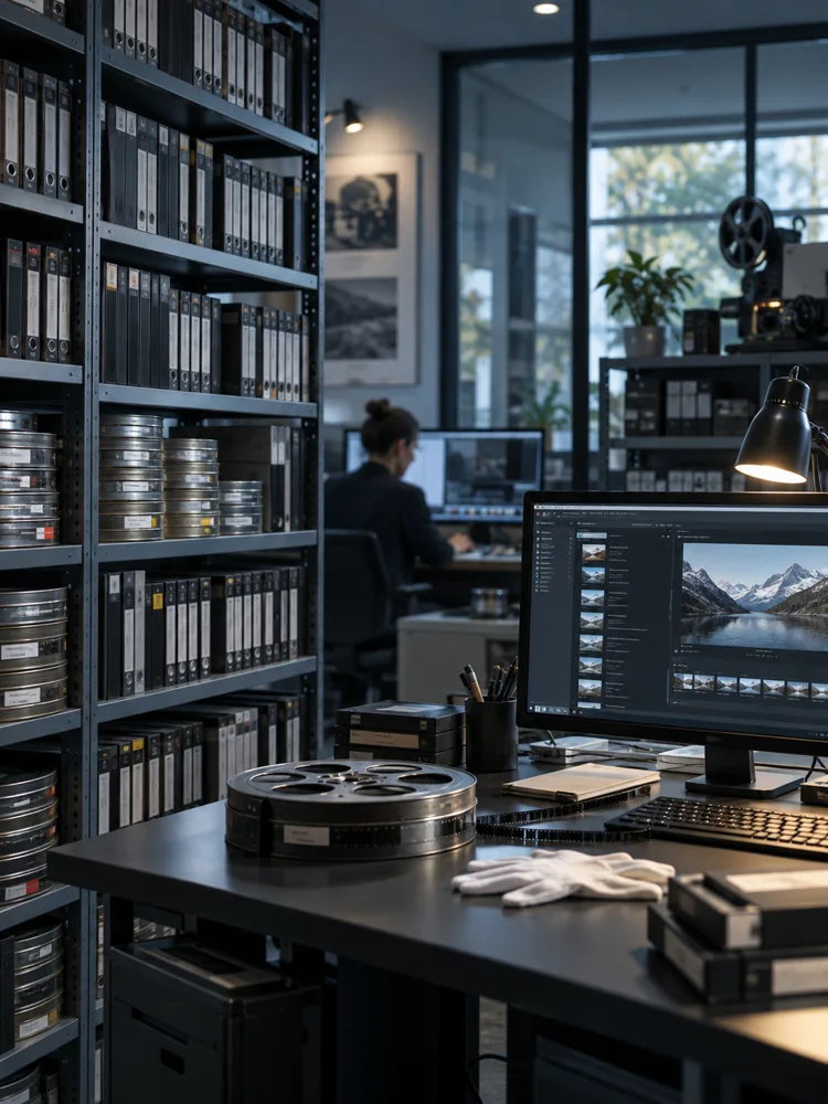 Archivo audiovisual con cintas y una estación de consulta digital
