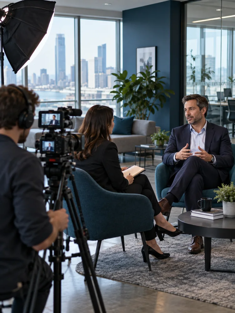 Equipo de comunicación corporativa grabando una entrevista
