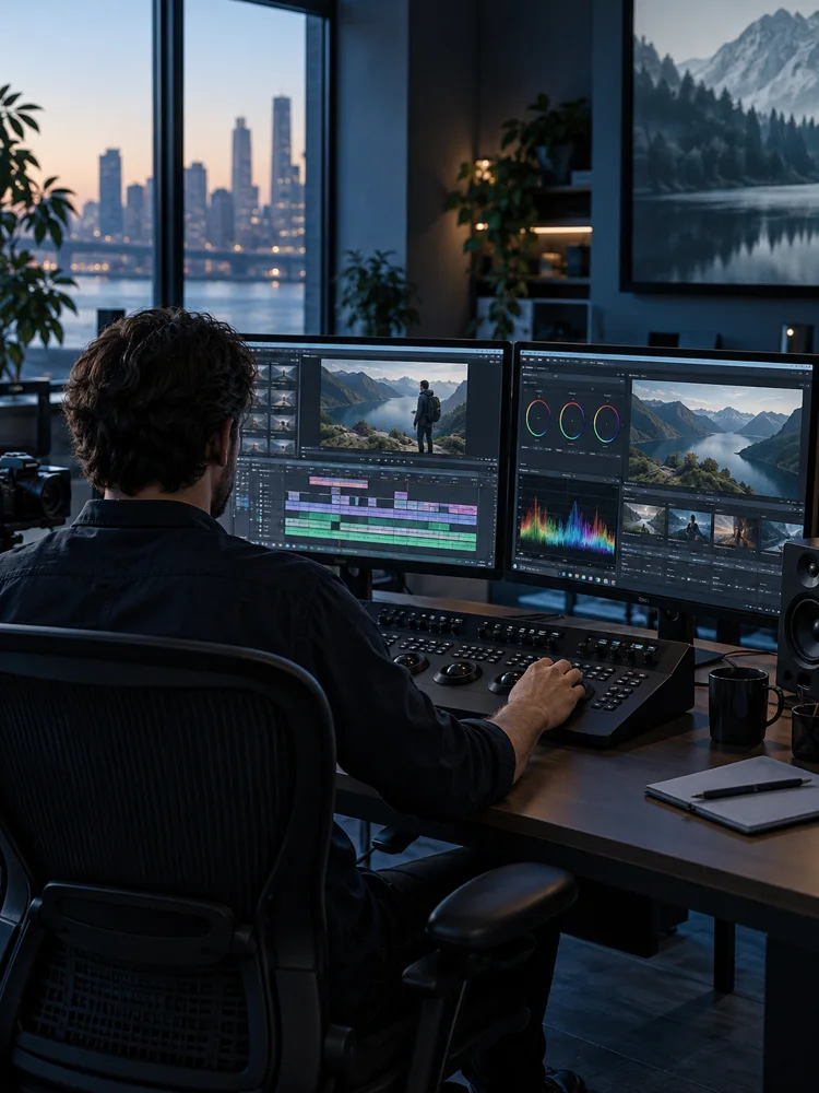 Editor trabajando en una sala de posproducción de video