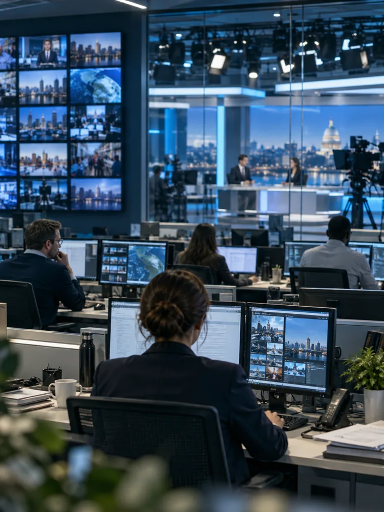 Redacción de televisión con periodistas y pantallas de noticias